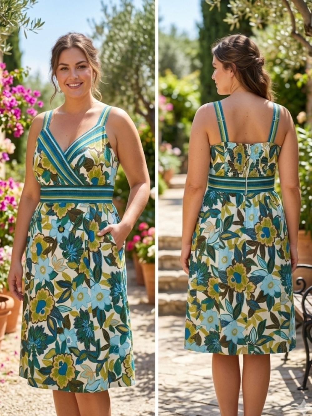Dressbarn Women Floral Sundress with Striped Waist With Blue Green Yellow Sz 18w
